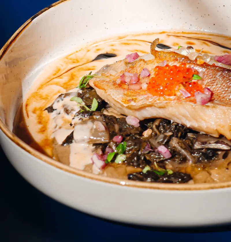 Plat de saumon avec champignons et sauce crémeuse.